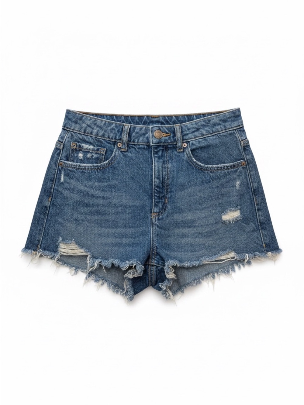 Garage Festival Distressed High Rise Mid Weight Blue Denim Cutoff Shorts